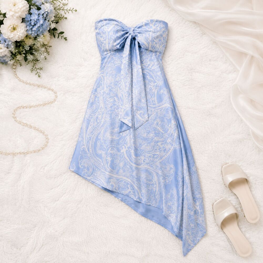 Laundry by Shelli Segal Silk Strapless Bow Asymmetrical Dress Size 4 Blue - Picture 3 of 8